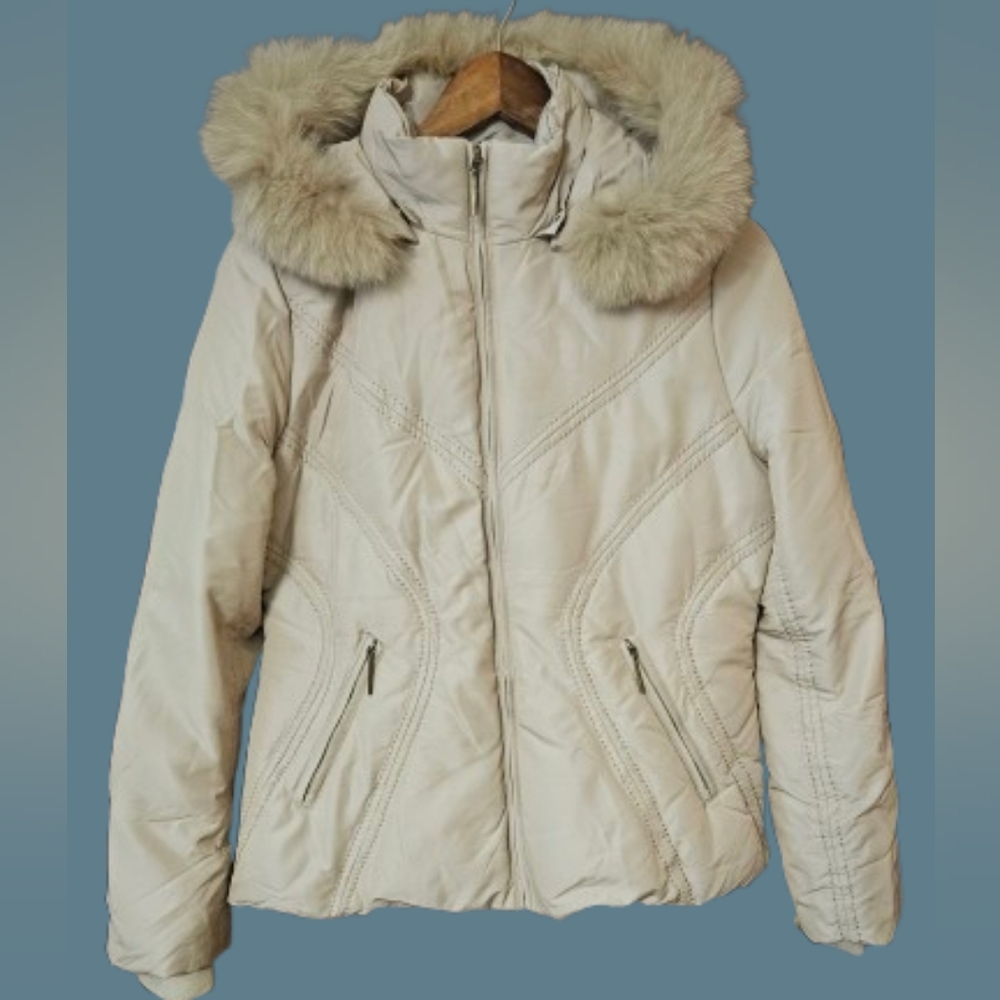 Via Spiga Beige Blue Fox Fur Trim Removable Hood Down Puffer Jacket